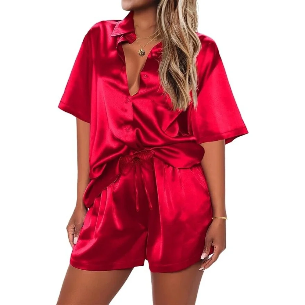 Ekouaer Womens Silk Satin Pajama Set‎ Soft Short Sleeve Button Down red medium